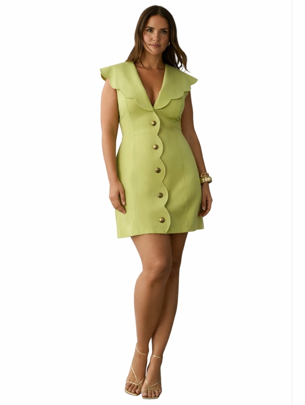 Maeve Anthropologie Scalloped Button Dress Lime Green Stretch A-Line Large